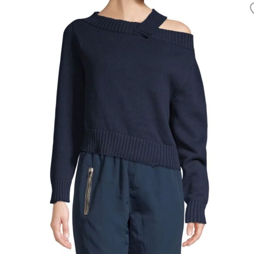 RtA Womens S Blue Long Sleeve Beckett Off The Shoulder Waffle Knit Sweater Crop